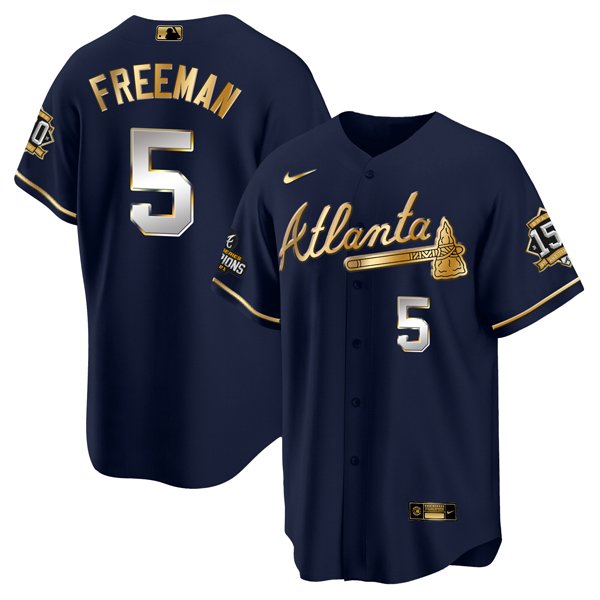 Men's Atlanta Braves #5 Freddie Freeman 2021 Navy/Gold World Series Champions With 150th Anniversary Patch Cool Base Stitched Jersey Men's Atlanta Braves #5 Freddie Freeman 2021 Navy/Gold World Series Champions With 150th Anniversary Patch Cool Base Stitched Jersey
